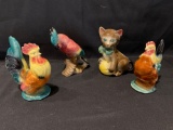 Royal Copley pottery parrot, pottery cat planter, 2 pottery chickens