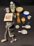 Assorted miniatures, meat grinder, scoops, measuring spoons and more