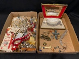 2 boxes costume jewelry, rhinestones, necklaces, pendants, and more