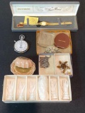 Dufonte ladies watch, brooch pins, some sterling, early ring box, stop watch