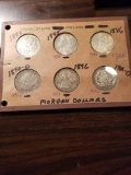 Morgan dollars, 1883, '85, '86, '90o, '96, 1901o. Bid x 6