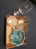 Drinking glasses, blue opalescent footed bowl