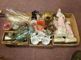 Capodimonte figures, souvenir glasses, wire top canning crocks, grinder