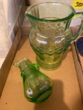 Green glass pitcher and small pour jar