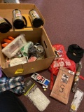 Box of miscellaneous items, Harley Davidson lock, net, mugs, CDs, umbrellas, Cleveland Browns