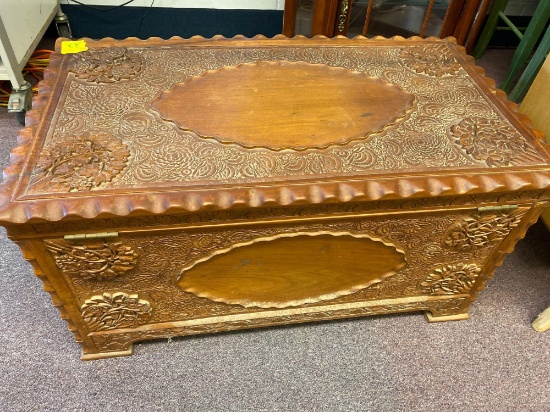 Wood carved antique cedar chest with tray