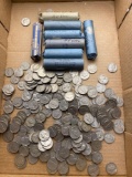 Group of Jefferson nickels, rolled and loose