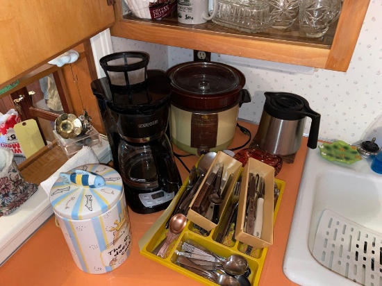 Flatware,coffee maker, crock pot, glassware