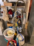 Metal shelf and contents, baskets, floor cleaner and more