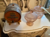 Pink depression glass, small keg