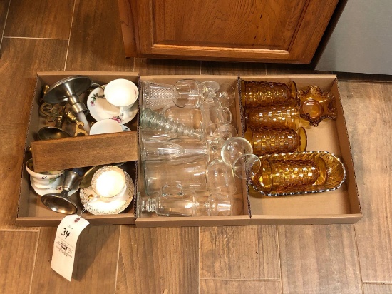 3 boxes Glassware, Tea Cups, Candle Sticks