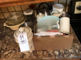 Canisters, Towels, Teapot, Glass Pie Pans