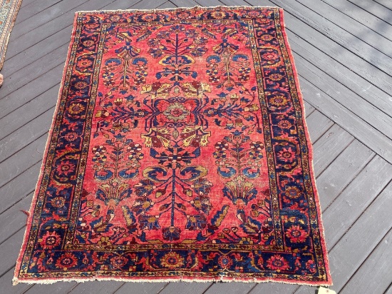 Persian rug, 6.5 x 5, shows even wear.