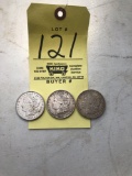 3 Morgan silver dollars. 1890 & (2) 1921