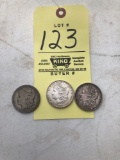 3 Morgan silver dollars. 1891 o, 1896, 1889