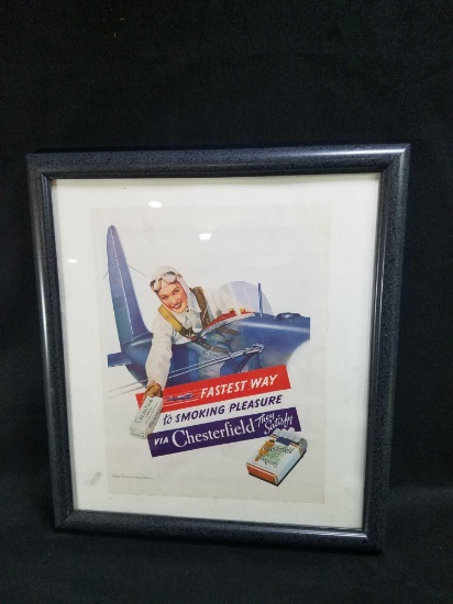 1938 framed Chesterfield Cigarette framed advertising, frame 17x 19 inches