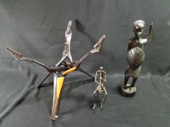 Tribal art, wood figure, fold out holder, metal man with instrument