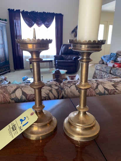 Pair 13" tall brass candle holders.