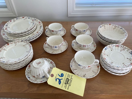 47-Pc. Partial set Copeland Spode "Wicker Dale" dishes. Serves six.