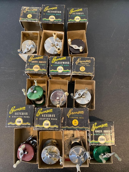 (10) Bronson reels (Veteran 1100, Lashless 1700, Green Hornet 2200, Fleetwing 2475).