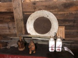 Milk bottles, sifter, wood items