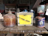 Vintage Price Bro's clock, tobacco tin, kerosene stove