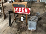 Open sign, buggy jack, steel canister