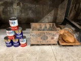 Oil cans, wood crate, bottles, etc.