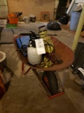 Wheelbarrow, sprayers, straps, tarp, chair, dog bed