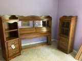 Oak finish queen/full size headboard, chest of drawers and 2 open-top chests
