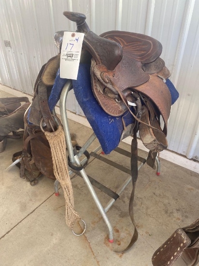 Western saddle, stand, blanket, belly strap