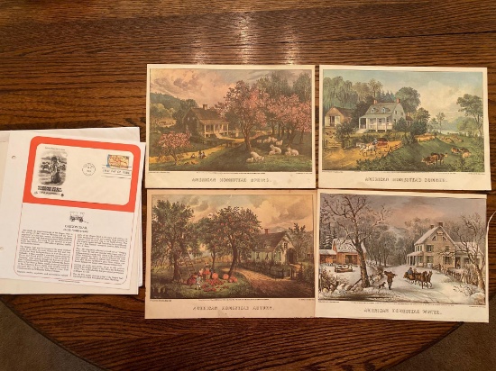 Oregon Trail 159th Anniv. First Day cover, (4) Currier & Ives reprints each 11.5" x 8.5"