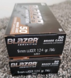 (2) Boxes Blazer 9mm Ammo