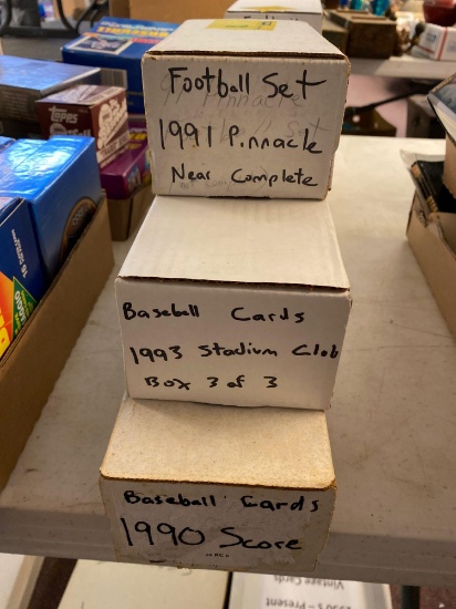 3 boxes football and baseball cards, 1991 pinnacle, 1993 stadium club box 3 of 3, 1990 score
