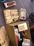 Christmas ornaments, nativity pieces, lights, Santa pop Jack in the box