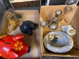Cast iron banks, door stops, candle holder, granite or stone bowl