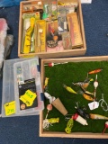 2 wood boxes with vintage fishing items and lures, 2 plastic organizers