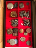 Collection of metal miniatures, tokens, etc, display not included