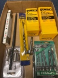 DeWalt, Hitachi, Irwin drill bit and wood bits, wooden tape measure