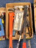 1 flat miscellaneous tools, vise, wrench, etc