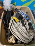 Box of electrical wires, chargers, computer parts, etc