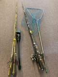 2 bundles of fishing poles, fishing net, humminbird fish finder