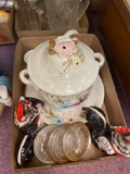 Assorted vintage ceramic glassware, soup bowl with ladle, sandcastle drink dispenser, pitchers