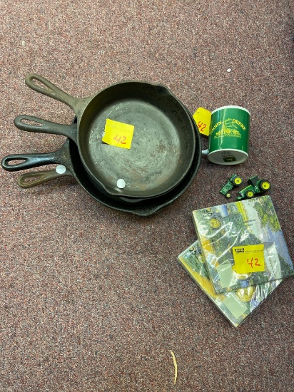 4 Cast Iron Skillets and JD Mug and Toys