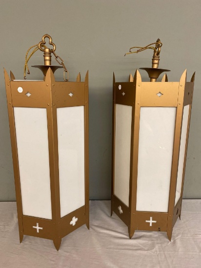 2 vintage religious church light fixtures, 35 inches, 6 sided