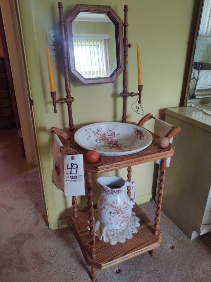 Oak Washstand w/ Bowl & Pitcher