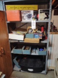Contents of Shelf inc Sprayer, Car Polisher, Sears Soldering Gun, Pump, Hardware & two door wood