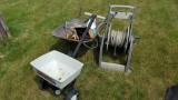 Metal wheelbarrow, spreader, hose reel and sprinklers