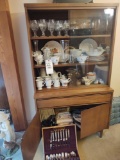 Mid Century Modern Hutch w/ Hall Mark Golden Rose China Set, Stemware, covered hen, Rogers Flatware