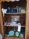 Assorted Blue Glass, tea cups, jade style dish set, Oil Lamp